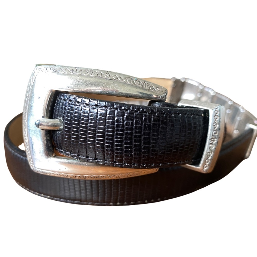 VTG BRIGHTON Belt Women’s Size M Black Lizard Embossed Luxe Silver Link Hardware
